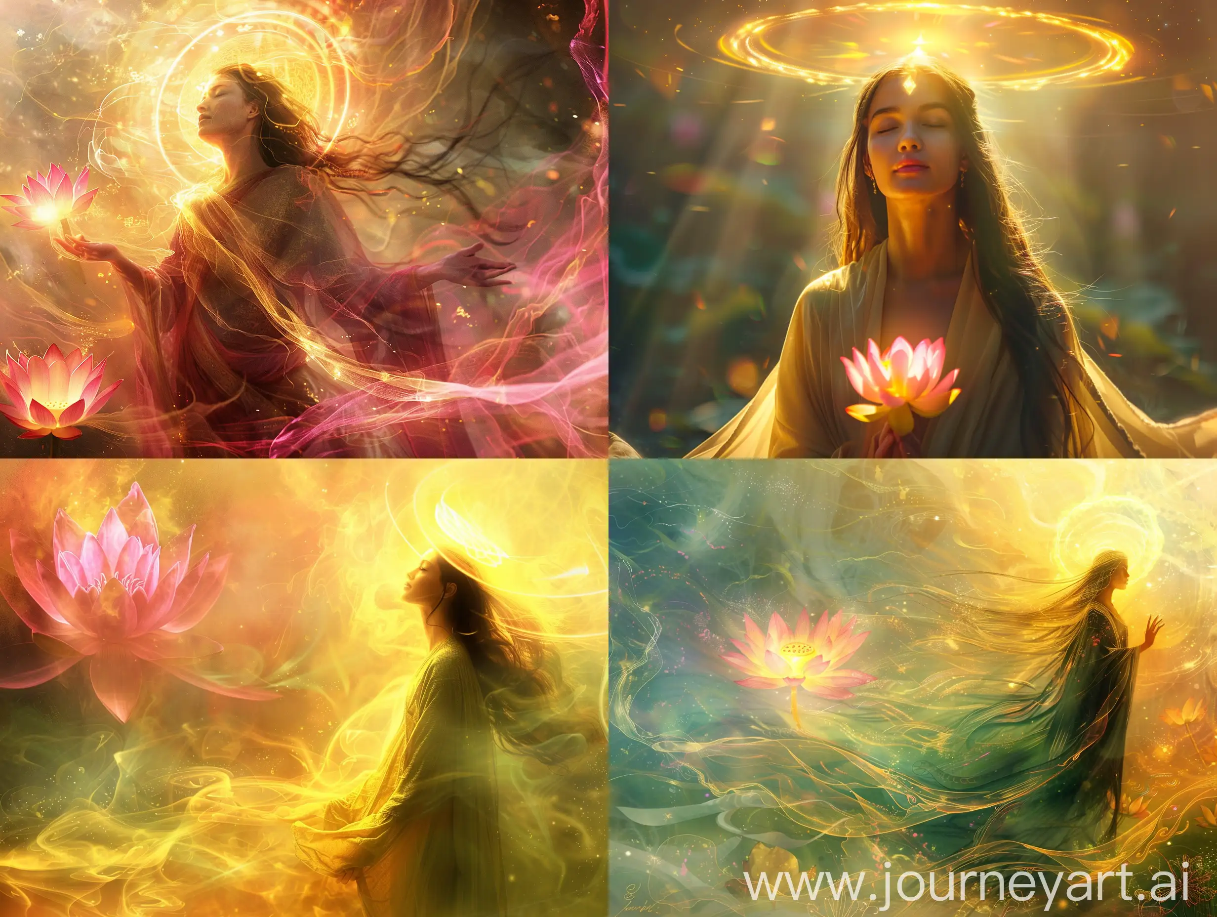 A woman experiencing a spiritual awakening, best quality, highres, ultra-detailed, ethereal lighting, vibrant colors, flowing robes, serene expression, lotus flower, transcendent energy, golden halo, radiant glow, inner peace, connection with nature, mystical atmosphere
