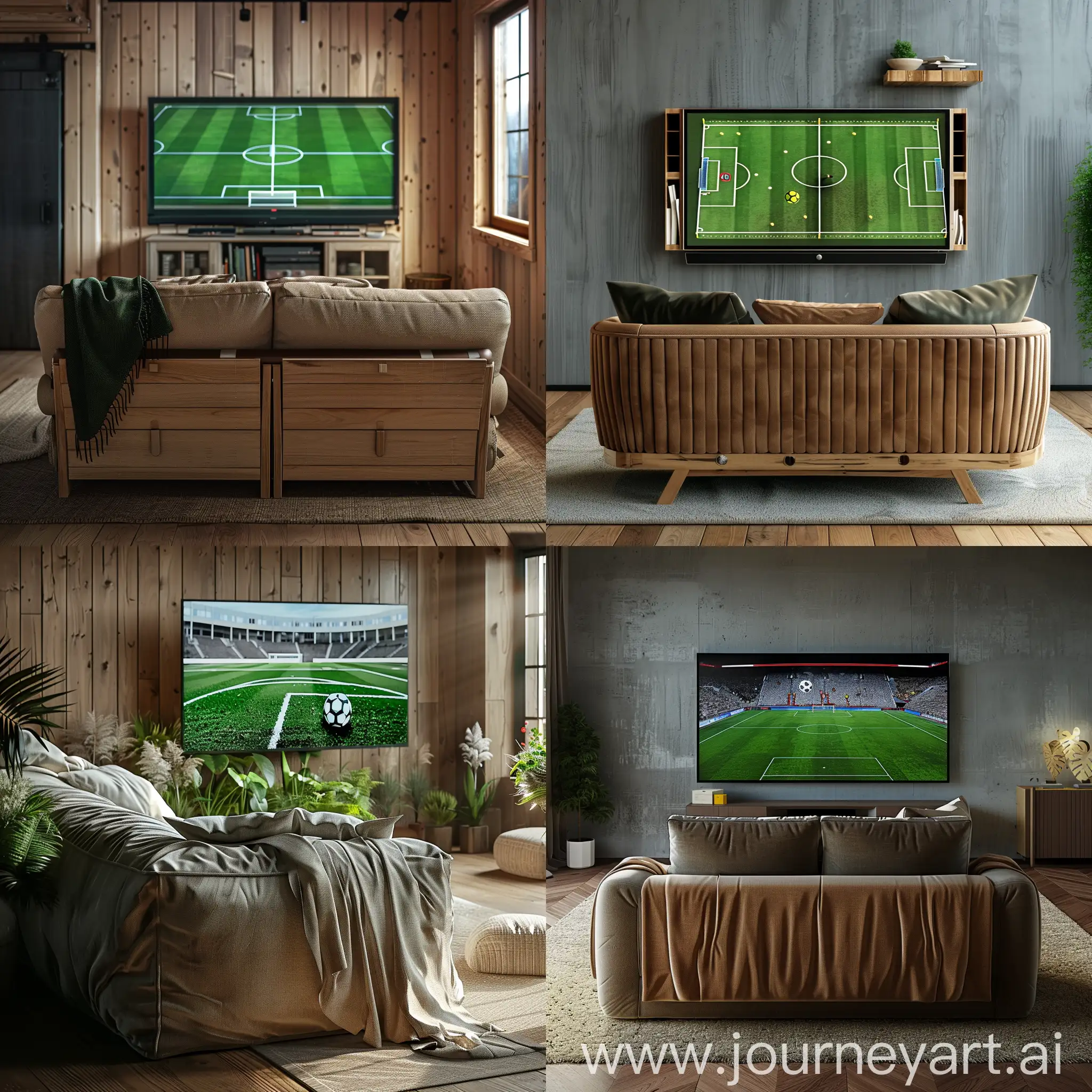 vertical realistic image of a nordic living room with a sofa on the bacj and TV on with a soccer field on and no people