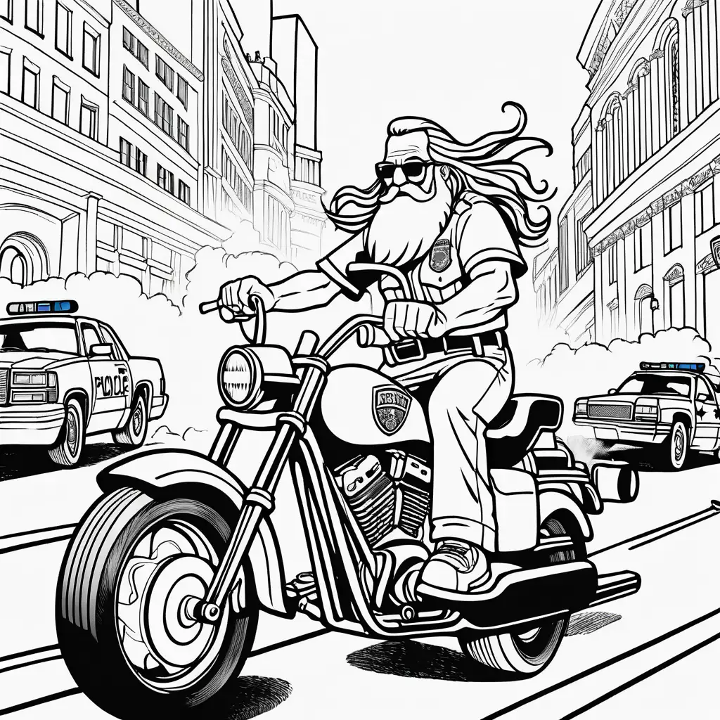 black and white outline, coloring book art, an older man with long hair and a long beard, riding a chopper motorcycle, being chased by a police car