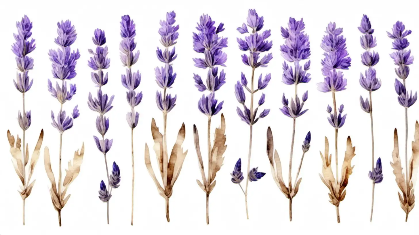 lavender pressed dried flowers in the style of watercolor on pure white background with no shadows