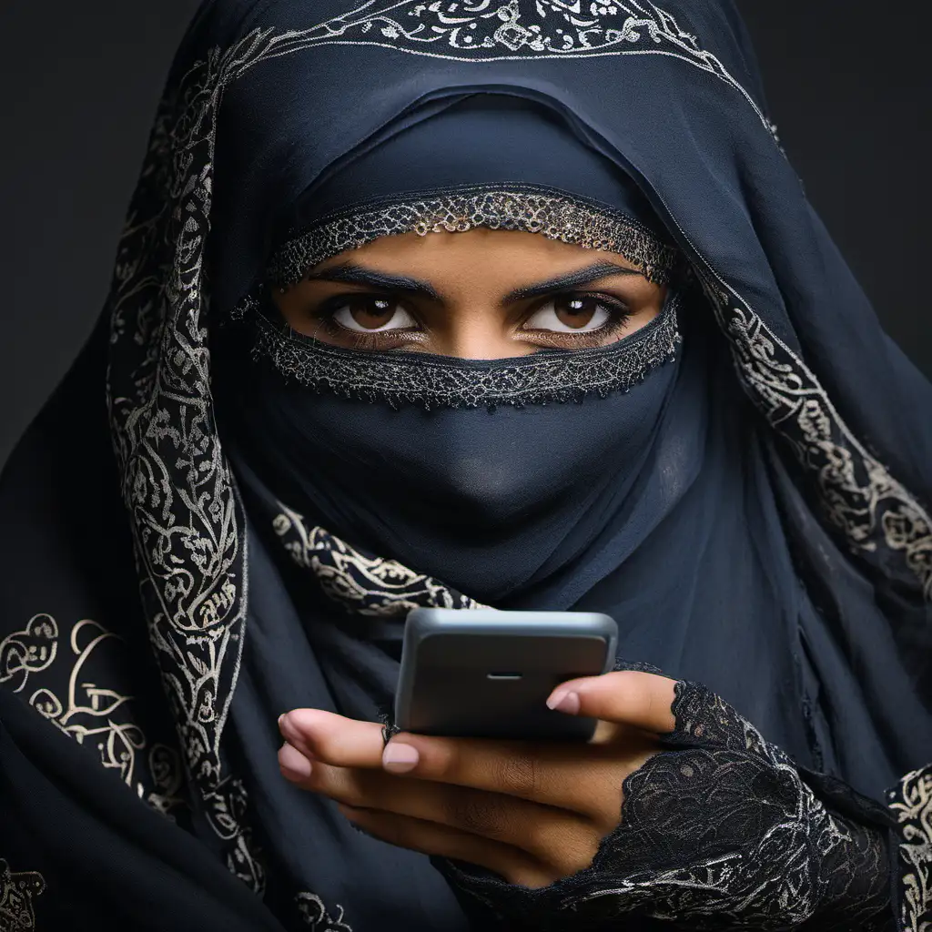 Veiled Arab Woman Holding Mobile Device