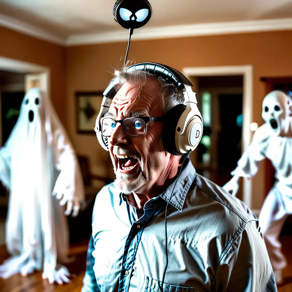 close-up of dad with giant headphones frolicking in suburban house. ghosts and demons in background