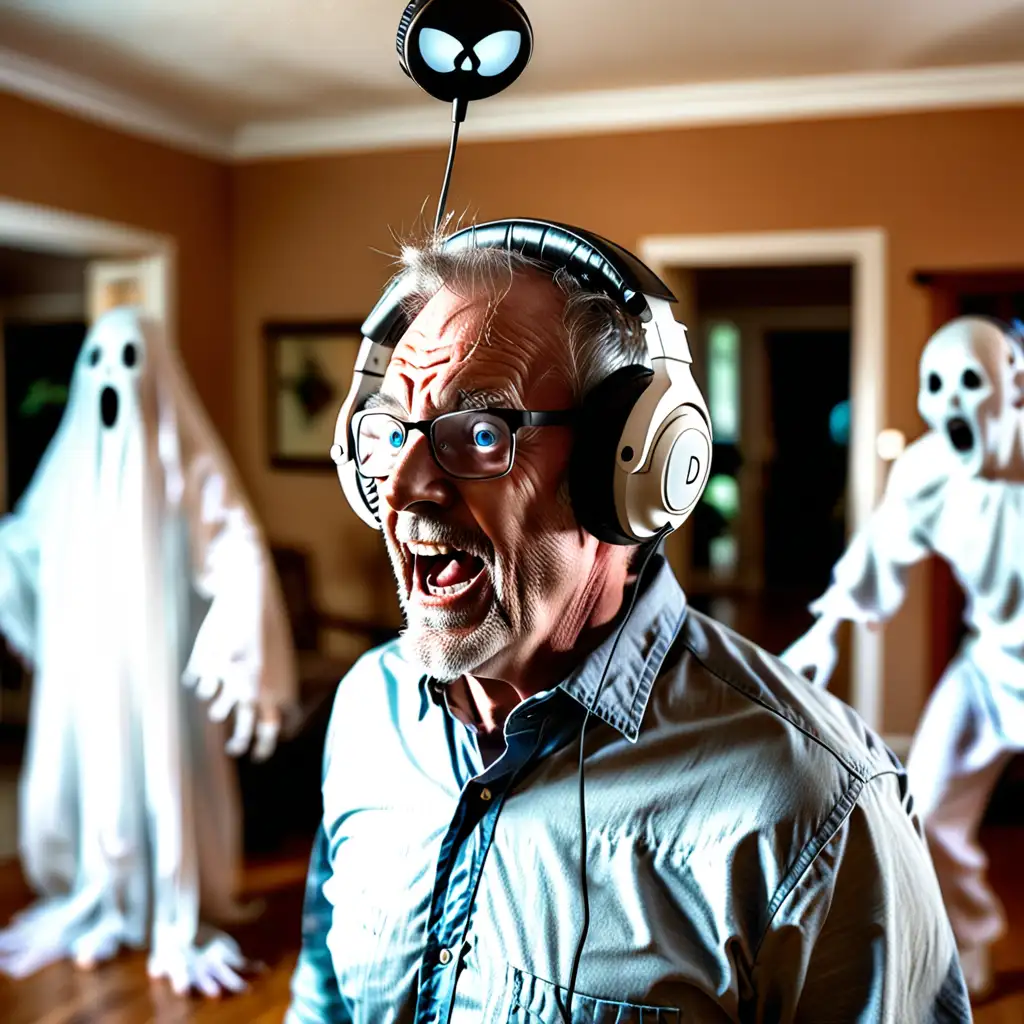 Energetic Dad with Giant Headphones Enjoying Suburban Frolic amidst Ghostly Ambiance