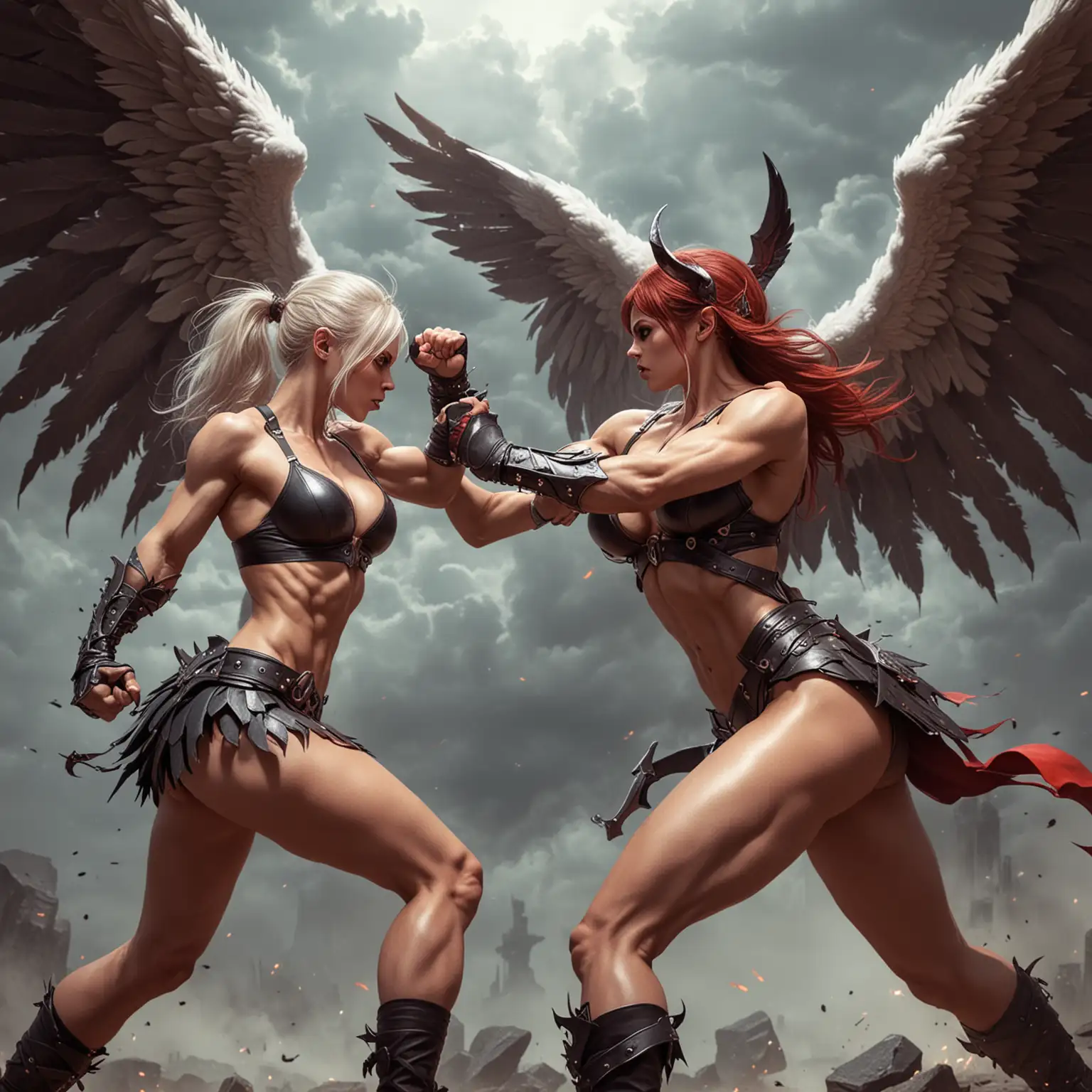 Muscular demon girl fighting with a muscular Angel girl