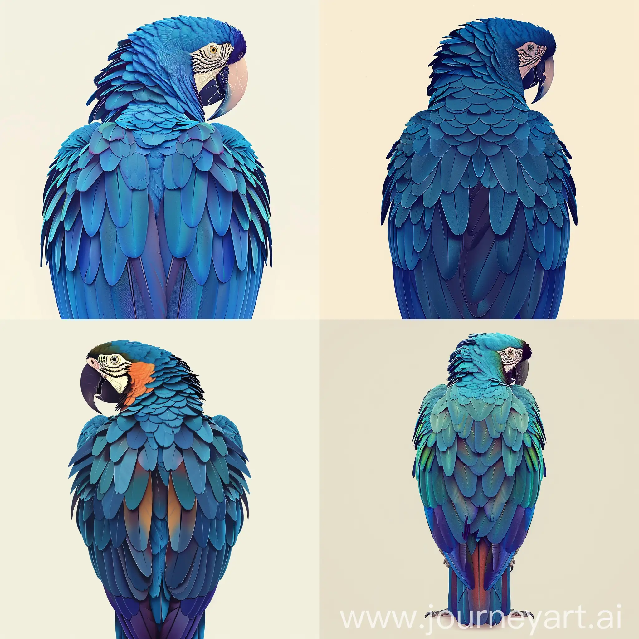 Flat illustration of hyacinth macaw from behind, plain off white background, Hyper-detailed, Insane details, Intricate details, Beautifully color graded,