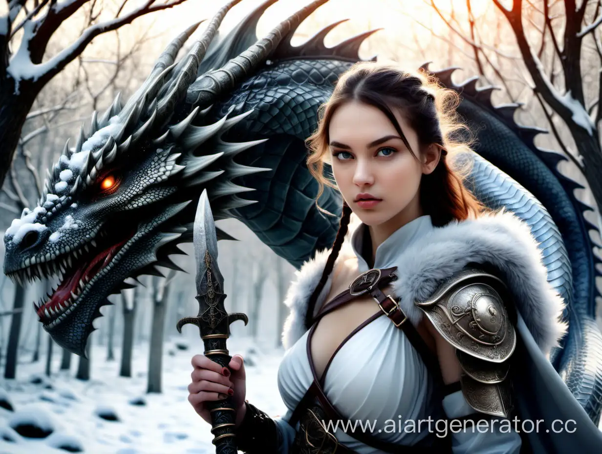 Красивая девушка воин с драконом зимой. Мистика. Гиперреализм