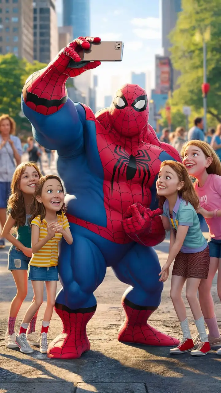 A very bulky and muscular Spiderman taking a selfie with girls. Daytime 