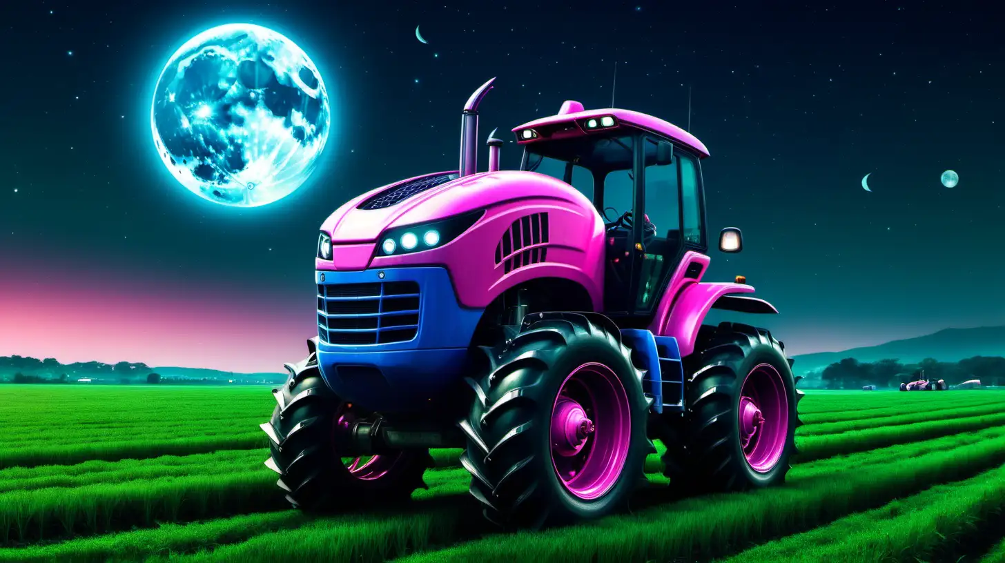 Tractor in the year 2200 on a lush green field.  the tractor is blue and pink with huge wheels and no cab. It looks like a flying saucer. It's nigh-time and the moon brightly lights the sky.