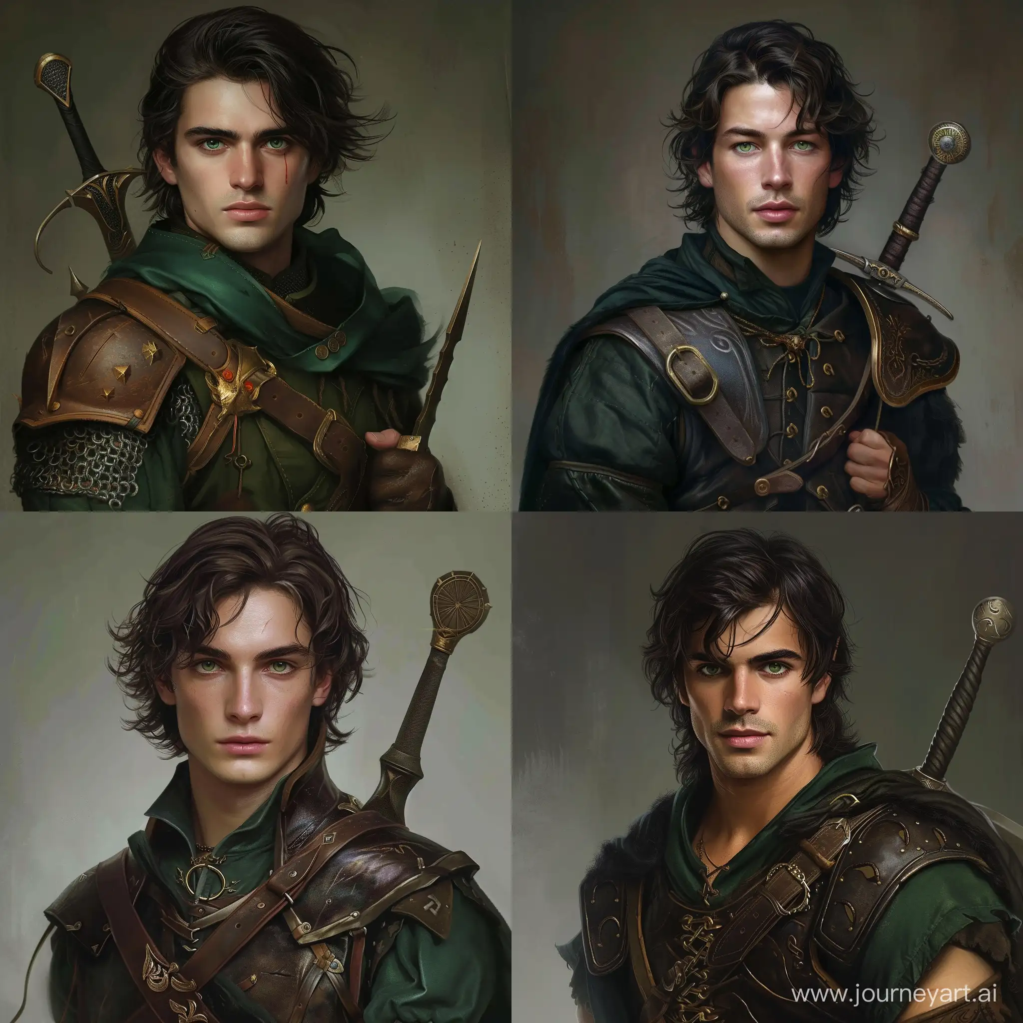 make a man, a 26-year-old man with dark brown medium-length hair, medium height, green eyes, dark green clothes, and on top of it a leather armor and a short sword in his hand, in the style of magic and Scandinavia
