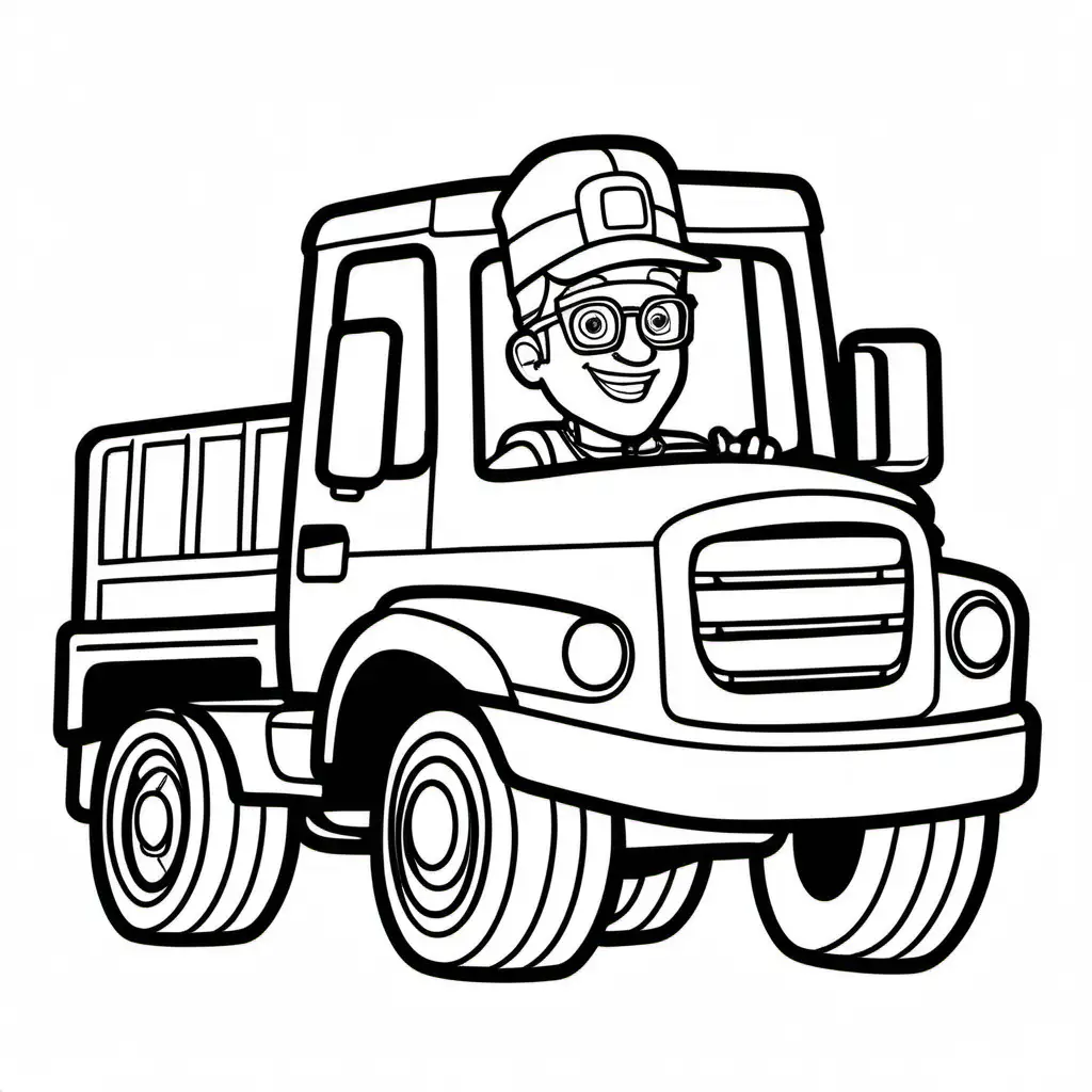 trucks, cars, and blippi, Coloring Page, black and white, line art, white background, Simplicity, Ample White Space. The background of the coloring page is plain white to make it easy for young children to color within the lines. The outlines of all the subjects are easy to distinguish, making it simple for kids to color without too much difficulty