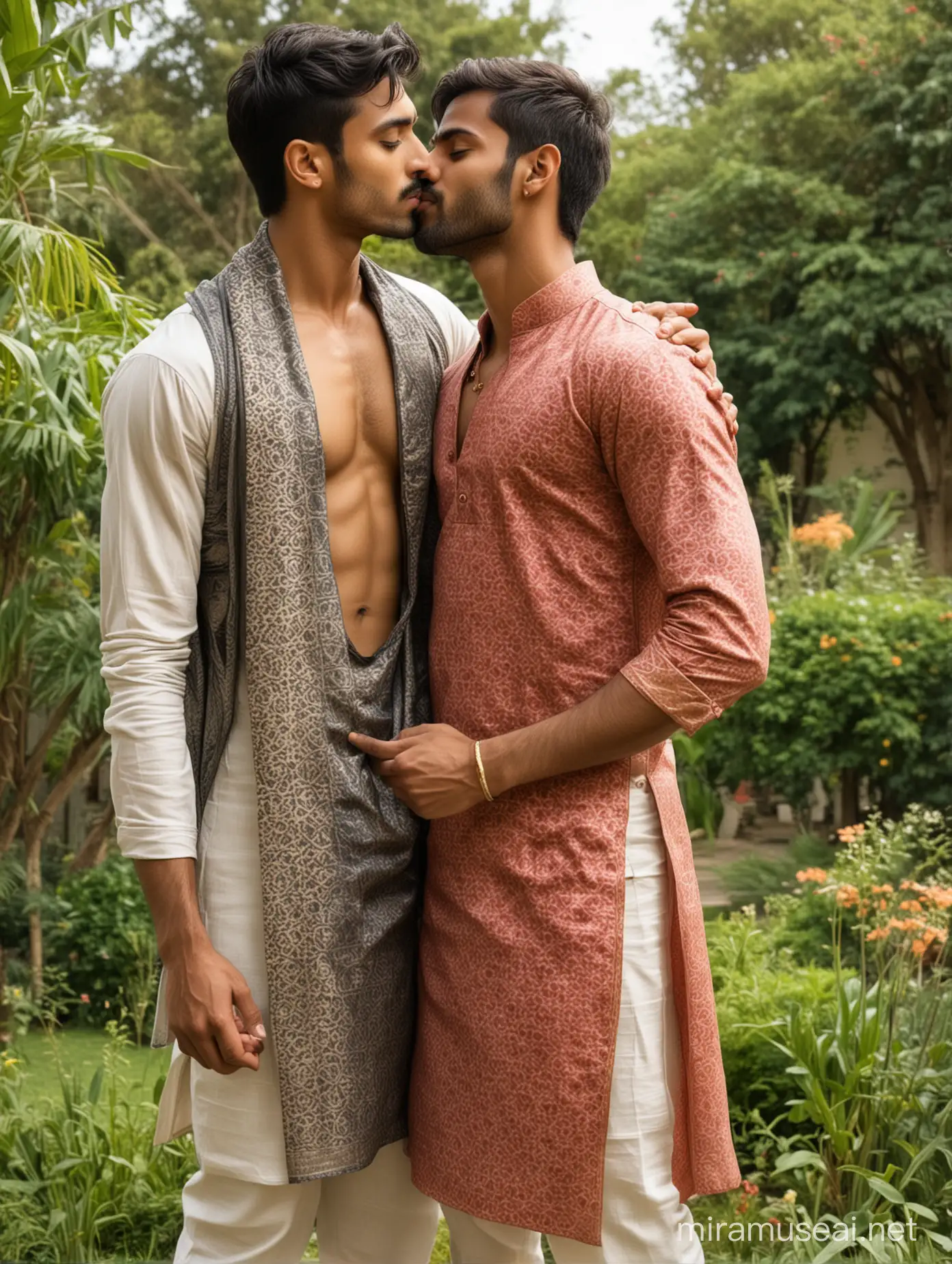  young gay couple, kissing ,less age gap, Sexy Indian young beefy fit guy kissing young hot twink skinny guy , tall, dark, handsome, stunning, strong muscular arms,both the guys are wearing a traditional Indian kurta with dhoti and also a shawl is around around their neck , hairy arms , background of garden