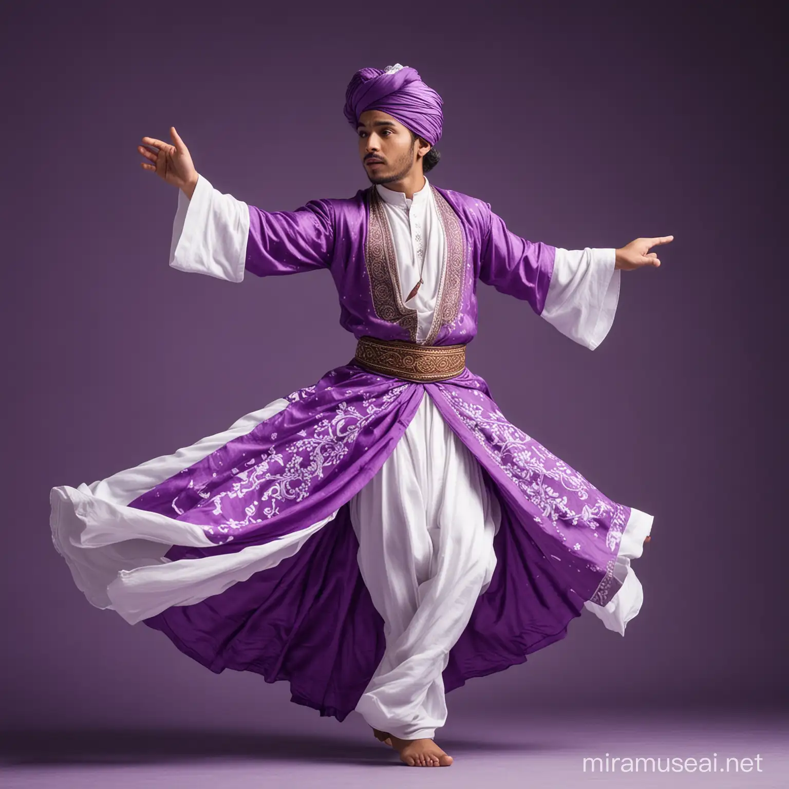 seorang laki laki penari sufi ,usia muda wajah indonesia, badan gemoy, memakai baju sufi warna ungu dan putih, menari berputar putar di atas panggung mewah, sangat realistis, wajah asli manusia, full body
