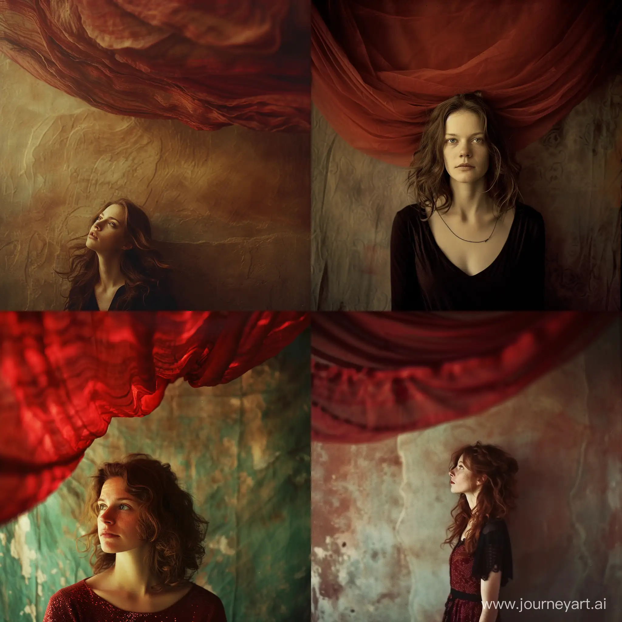 photographic portrait of a 40 years old, German woman, vivid  eye contact, wavy hair, standing against an earth-colored wall with a red drape hanging from the ceiling, summer light, shot with Kodak Portra 160::2 by Tami Bone::2