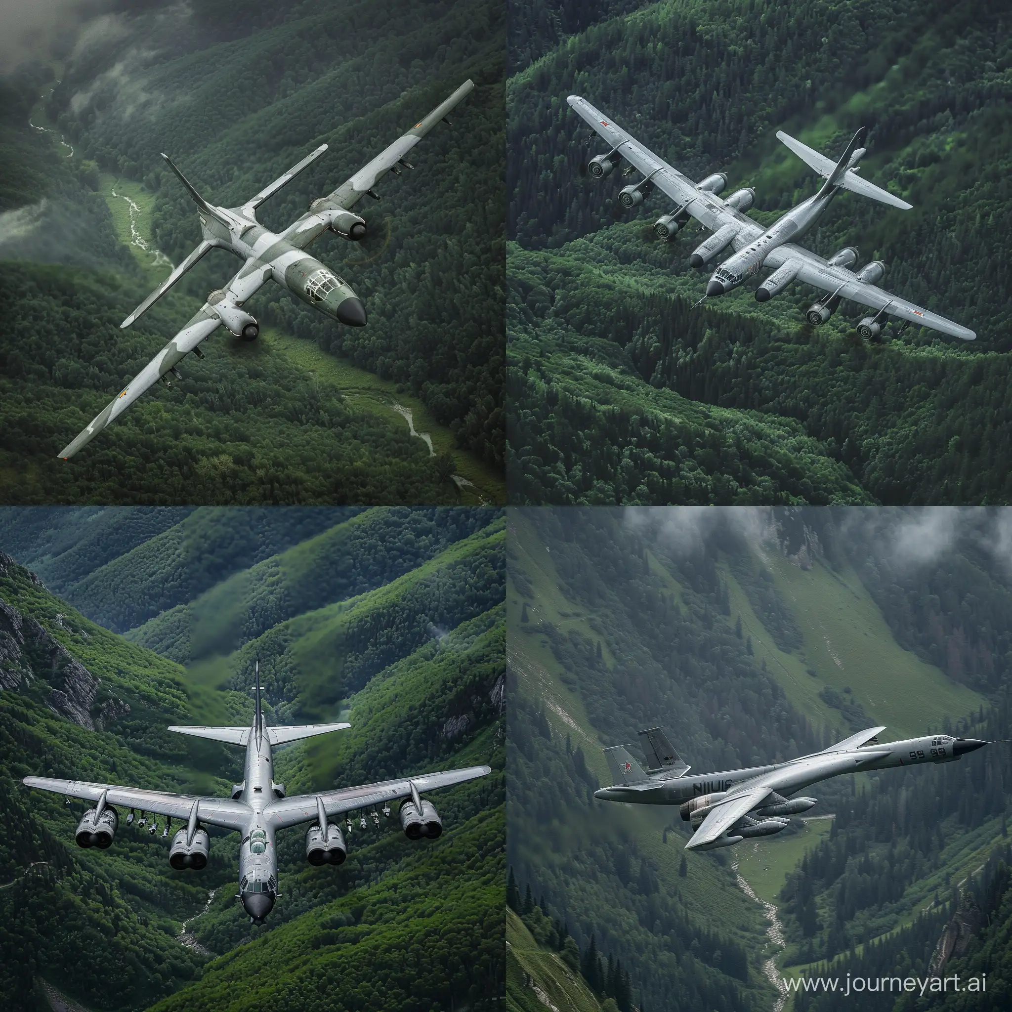 Gray-and-White-Tu95-Bomber-Plane-Flying-over-Green-Forest-Valley