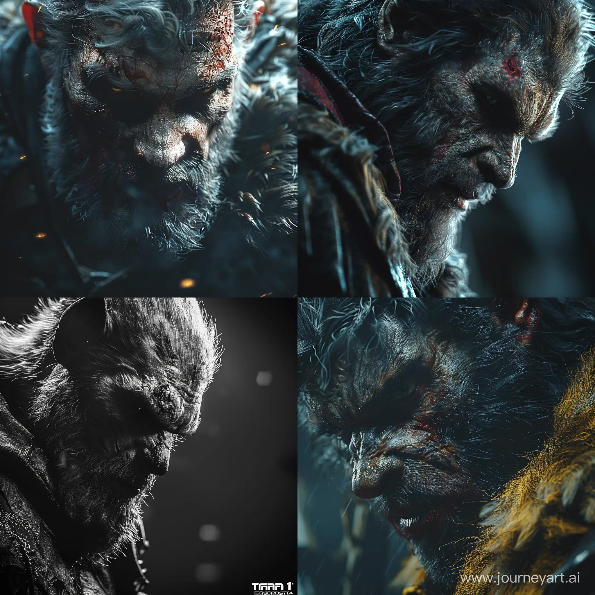 realistic wolfman, looking down, cinematic, dark, prime 1 studio, (awe-inspiring:1.1), majestic, pompous, (floating in mid-air:1.5), (leviating:1.5), extreme detailed, flowing cape, chiaroscuro, harsh shadows, bloody highly detailed --style raw --stylize 500