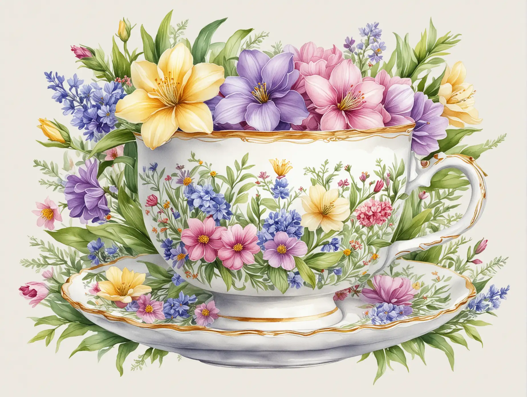 A beautiful illustration of an elegant tea cup surrounded by spring flowers in the style of clipart, isolated on a white background with margins. The illustration is in a watercolor style, with high resolution and quality. It is a professionally photographed, highly detailed photograph with clean, sharp focus and no contrast, white background --chaos 2