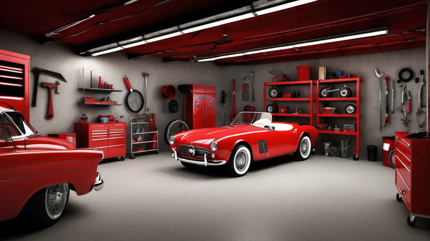 An Vintage Car Garage Workshop with red color interior themed
