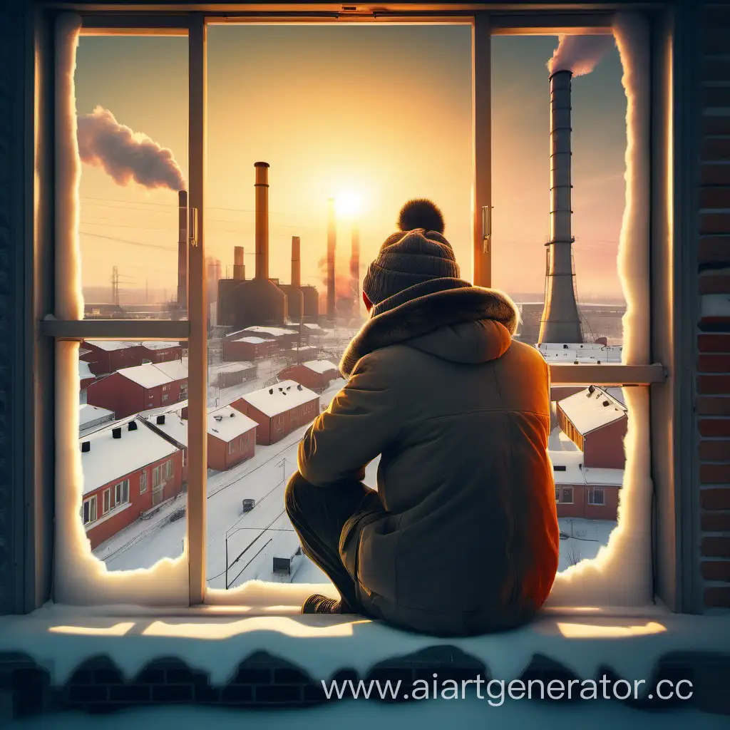 Парень сидит на подоконнике в зимней одежде и шапке-ушанке, смотрит на промышленный город, рядом горит печка-буржуйка. в небе горят 2 солнца