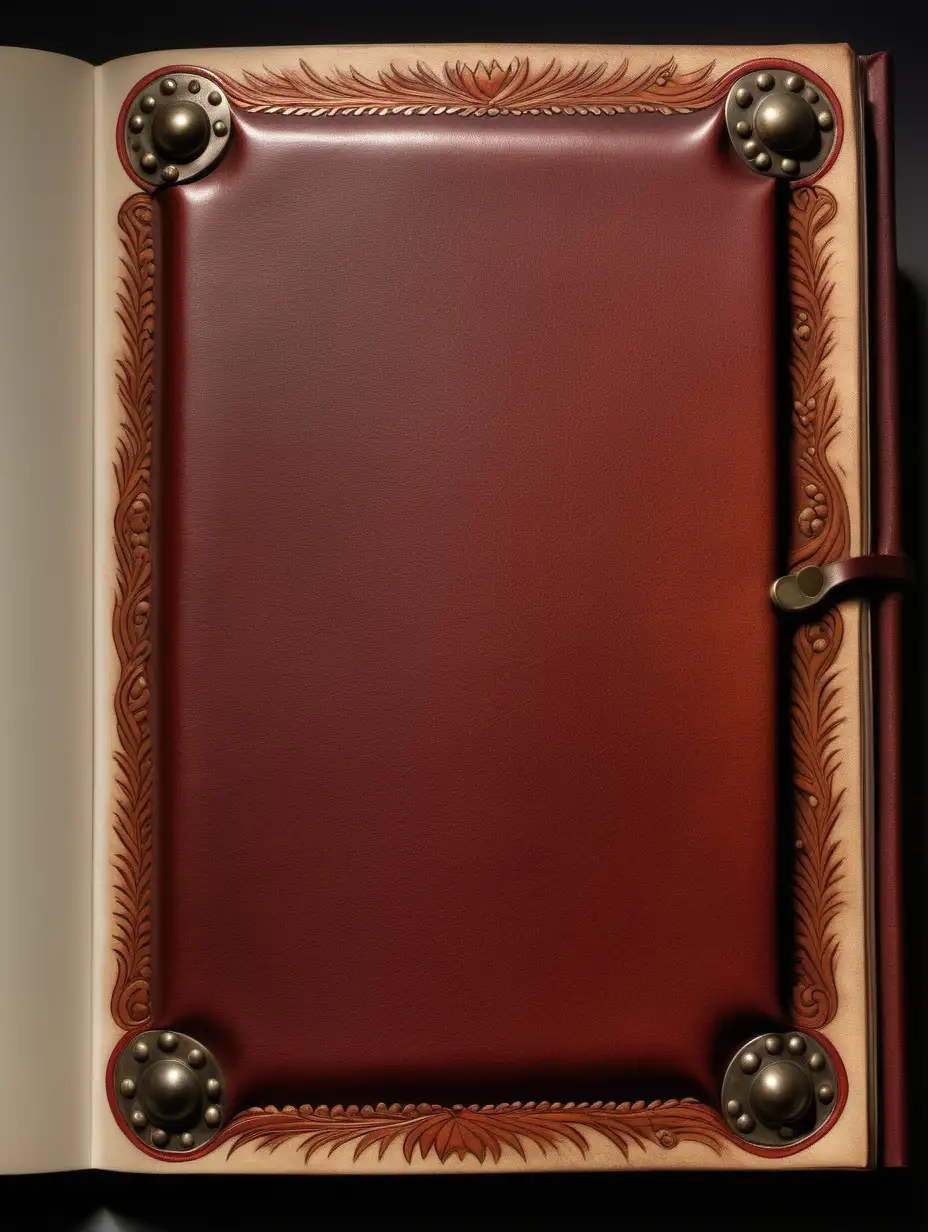 front aligned view of the narrow border of small designs of a blank book covered in leather in the theme "sunday dinner"