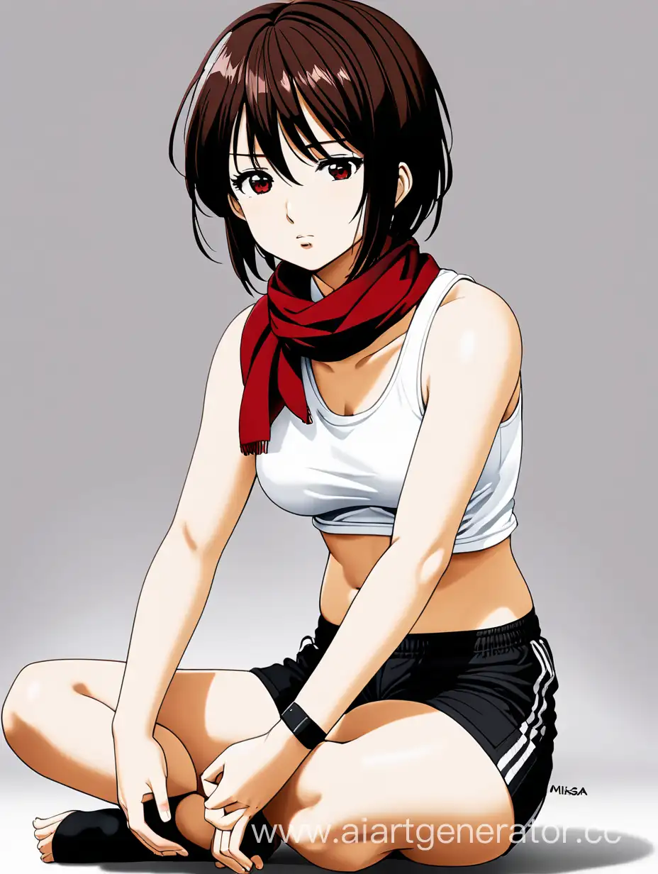 Mikasa-Sitting-in-Lotus-Position-with-Red-Scarf-and-White-Top