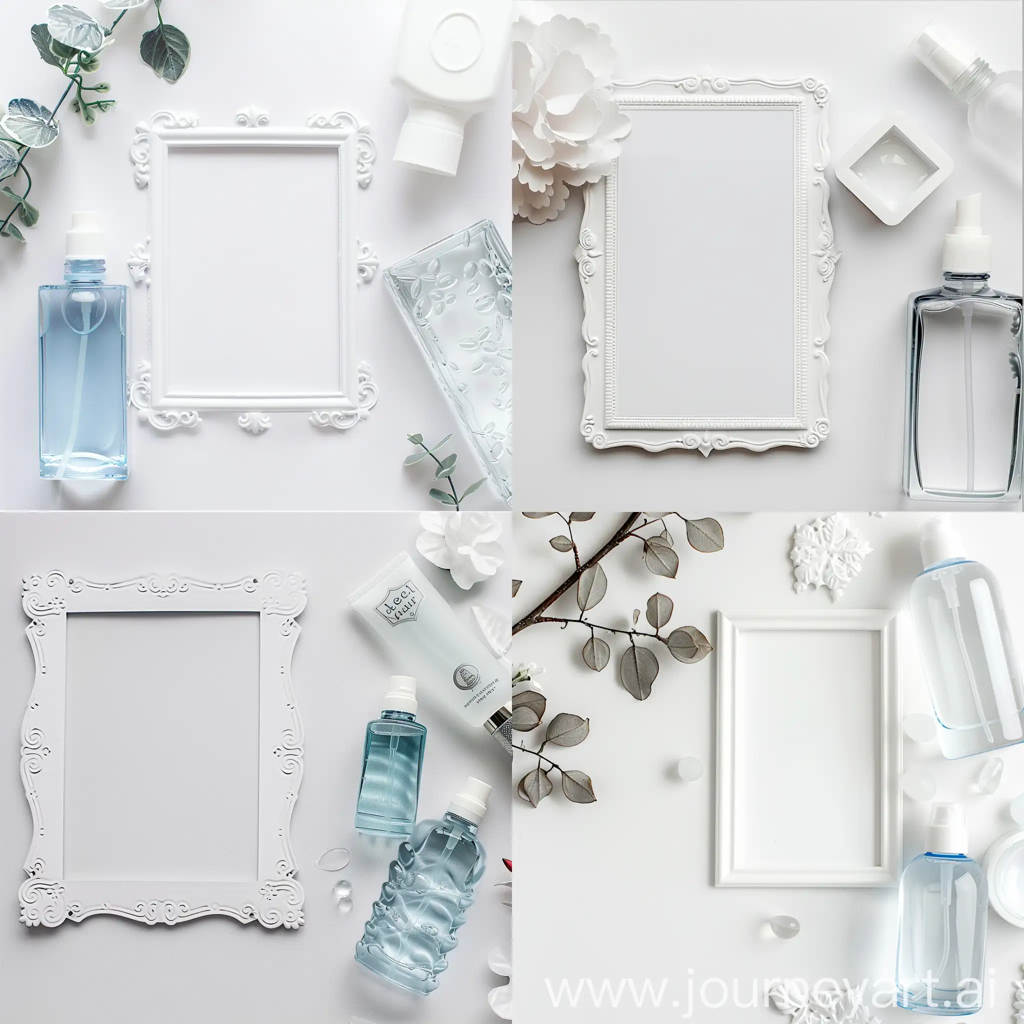 A beautiful flyer for Instagram with a white background, on the right side of the photo is a cosmetic product toner and on the right side a micellar water, a white frame decorated around the frame is in the middle