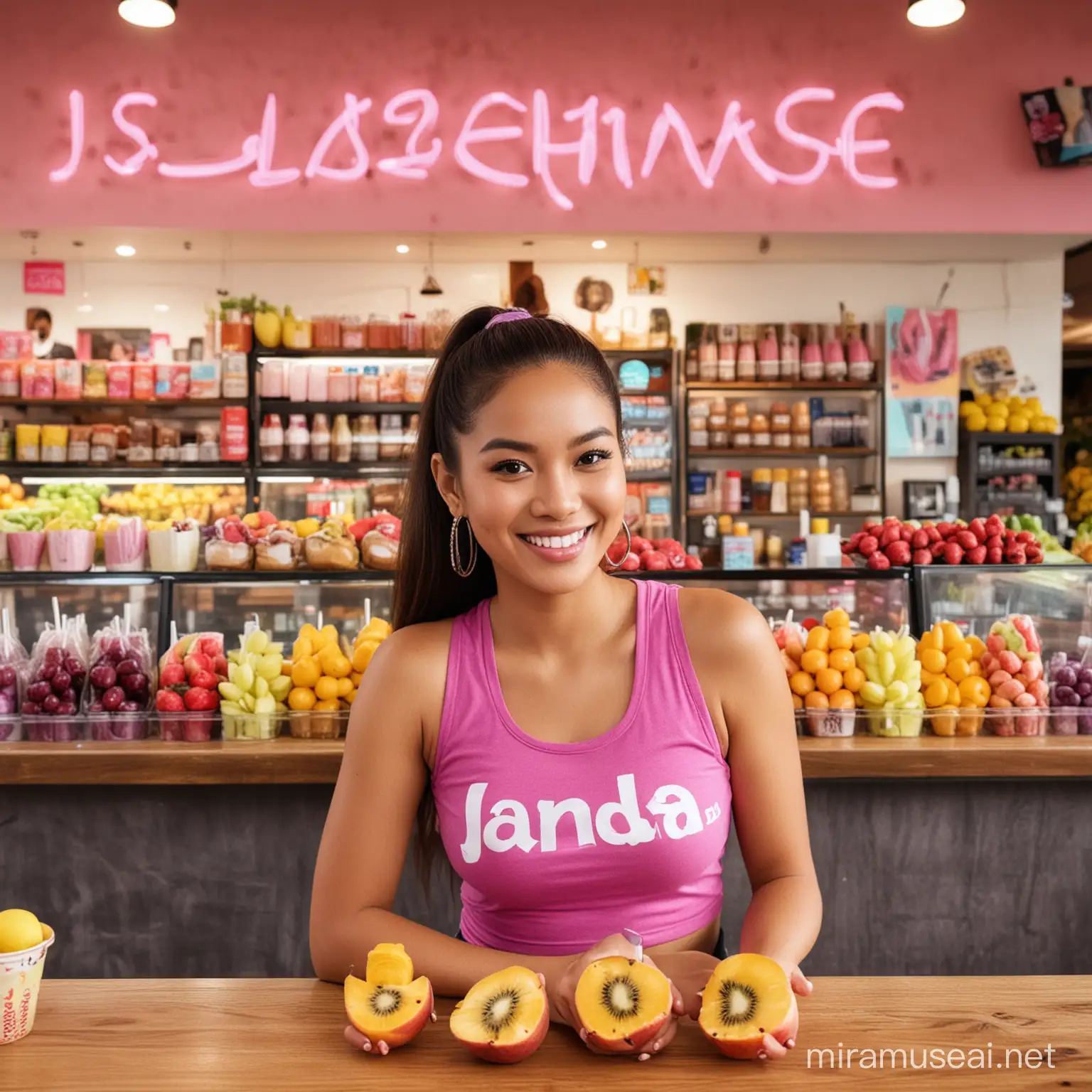 A beautiful smiling Filipino woman wearing a pink tank top with the word 'Janda' on it, 40B big breasts, black maong jean shorts, pink and white shoes, standing in a fruit shake shop, with her long hair tied in yellow and purple , on the table there are fruits displayed, plastic cups, straws, blenders, and behind the woman there is a big sentence that says 'Fruit Shake'. Realistic 64k HD resolution