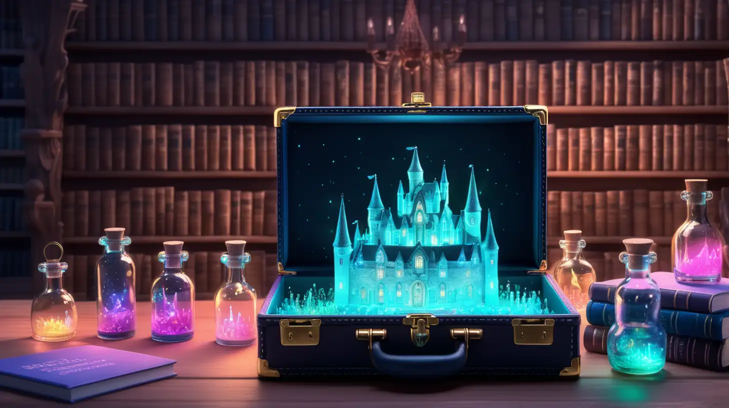 Magical Fairytale Library with Glowing Keys and Iridescent Castles in Bottles