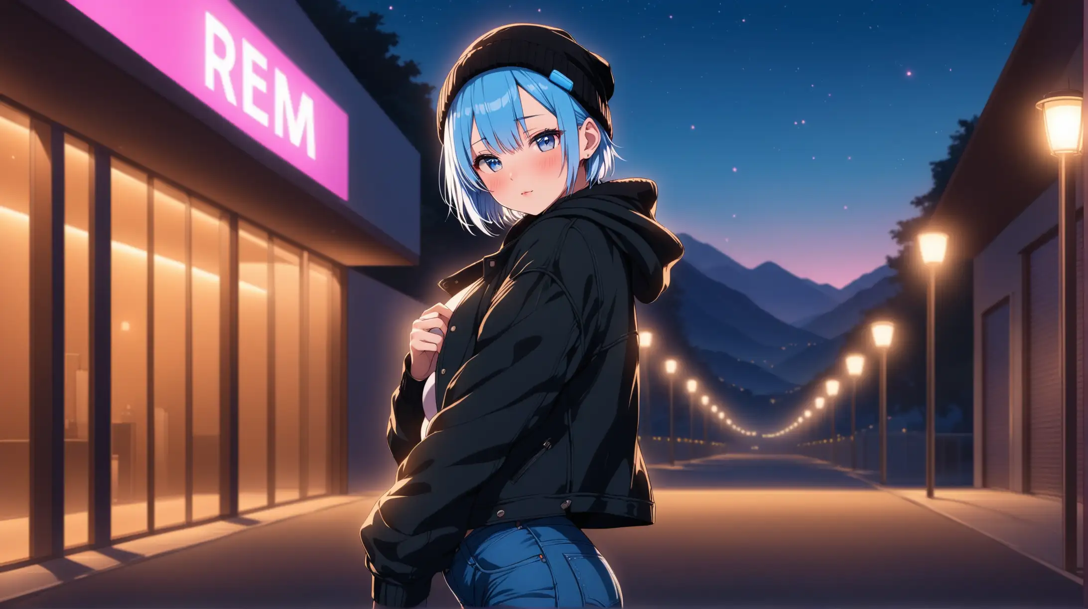 Draw the character Rem, high quality, ambient lighting, long shot, outdoors, seductive pose, wearing jeans and a jacket with a beanie, blushing