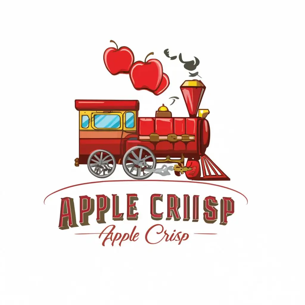 a logo design,with the text "Linda Lynns Apple Crisp", main symbol:SHINY RED PINK APPLES ON A TRAIN