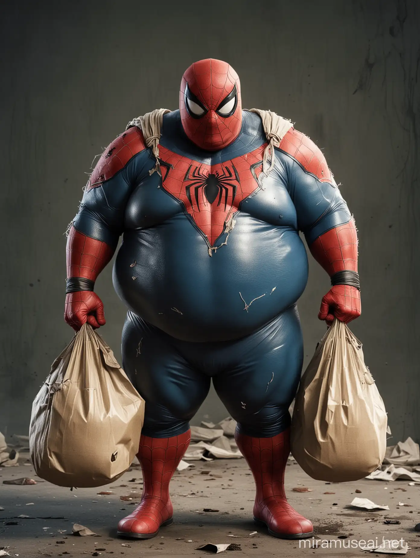 fat spider-man in a torn suit, with bags in his hands