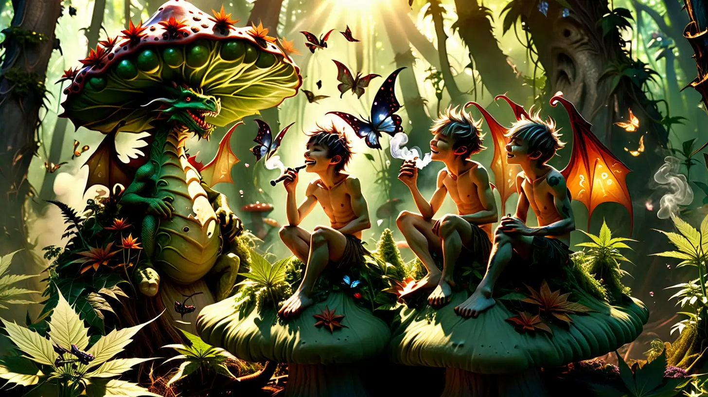 Dragon Boys Relaxing on Mushroom in Enchanted Cannabis Forest