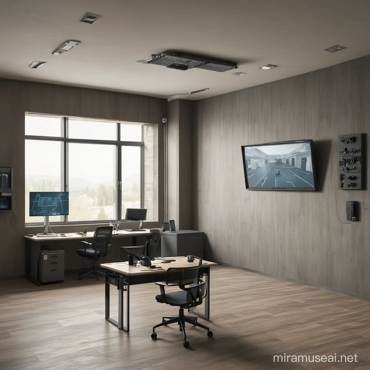 empty room in a safe house for intelligence agency; realistic room with monitors and cameras; surveillance devices; automatic weapons ready for use by window, 