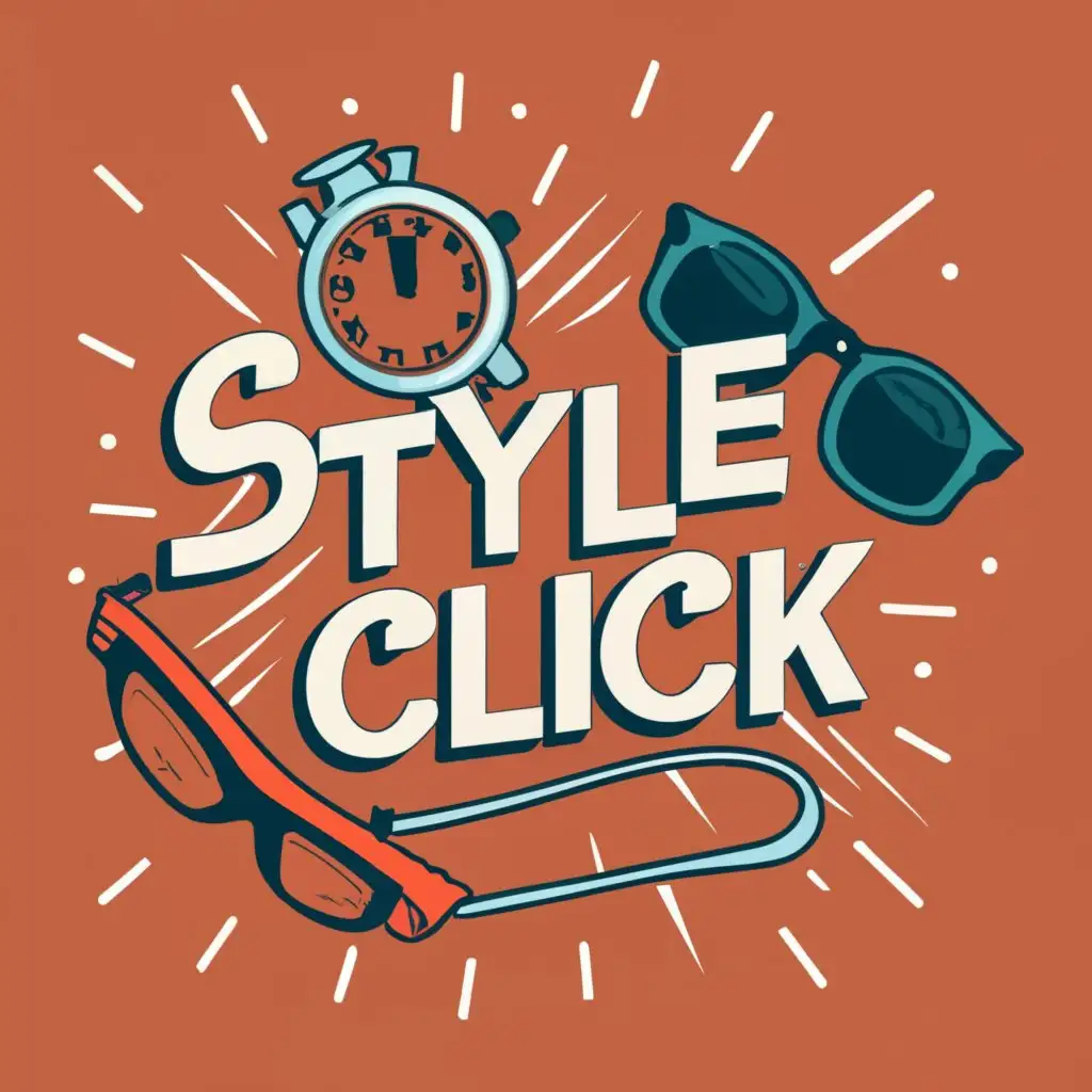 logo, Men's accessories like sunglasses, hand watch, with the text "Style Click", typography