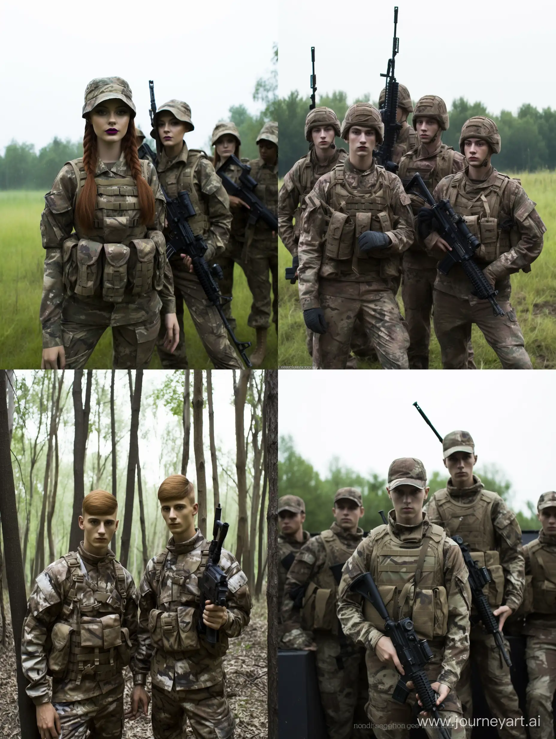 Photo selfie Image of a group of 11 Ukrainian heavy equipped male and female teens soliders recruits with helmet and camo battlesuit, showing their sense of humor, photography, male and female, with other soldiers in the background, 3.16mm, f/2.4, ISO: 117, Exposure time: 1/60s