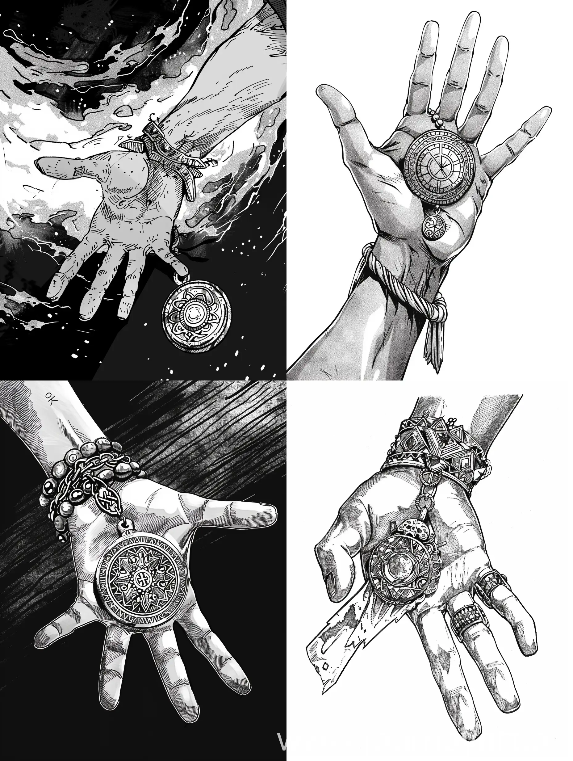 the amulet in the hand, manga style.