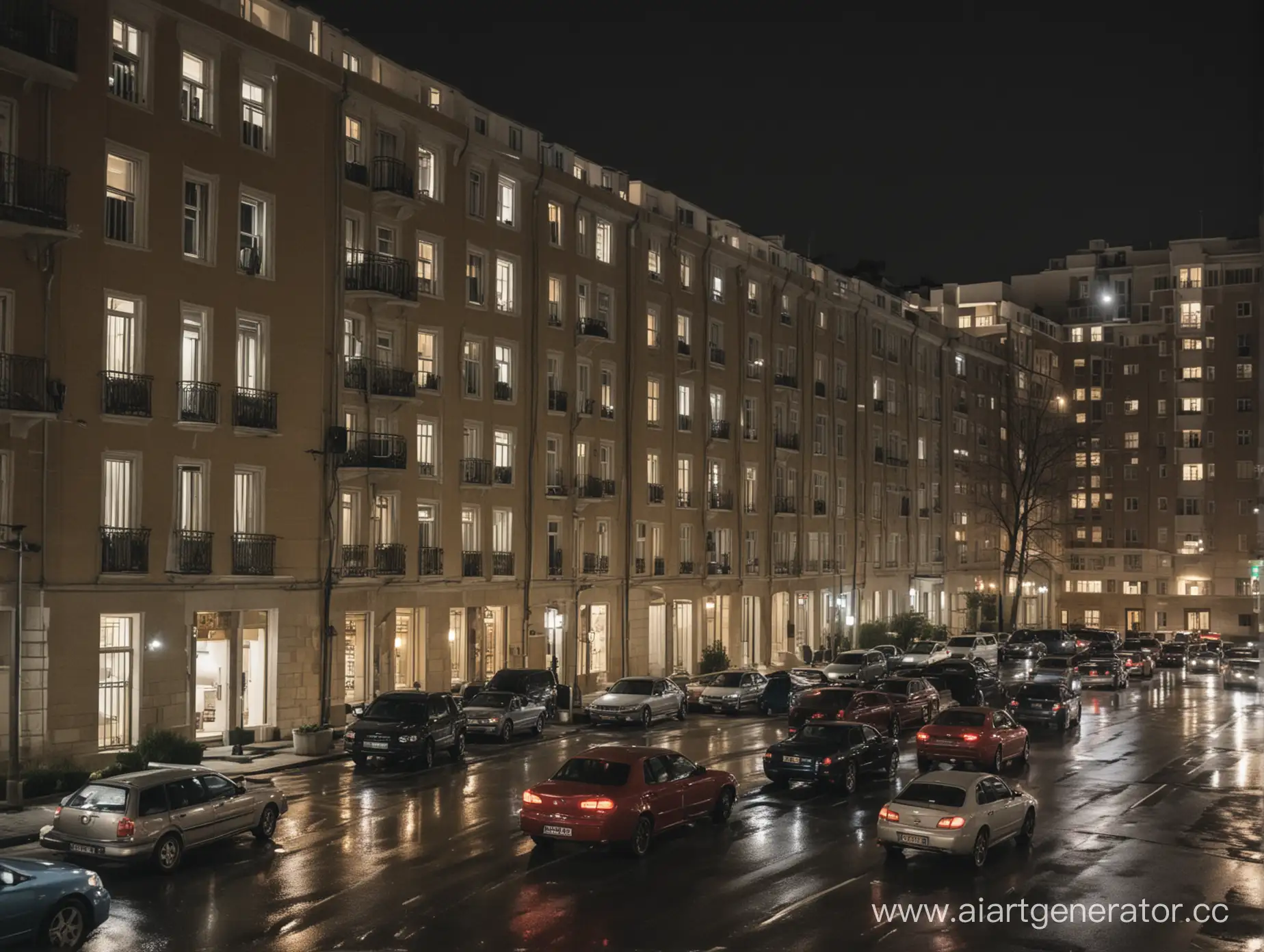 Nighttime-Cityscape-Stream-of-Cars-Under-Residential-Windows