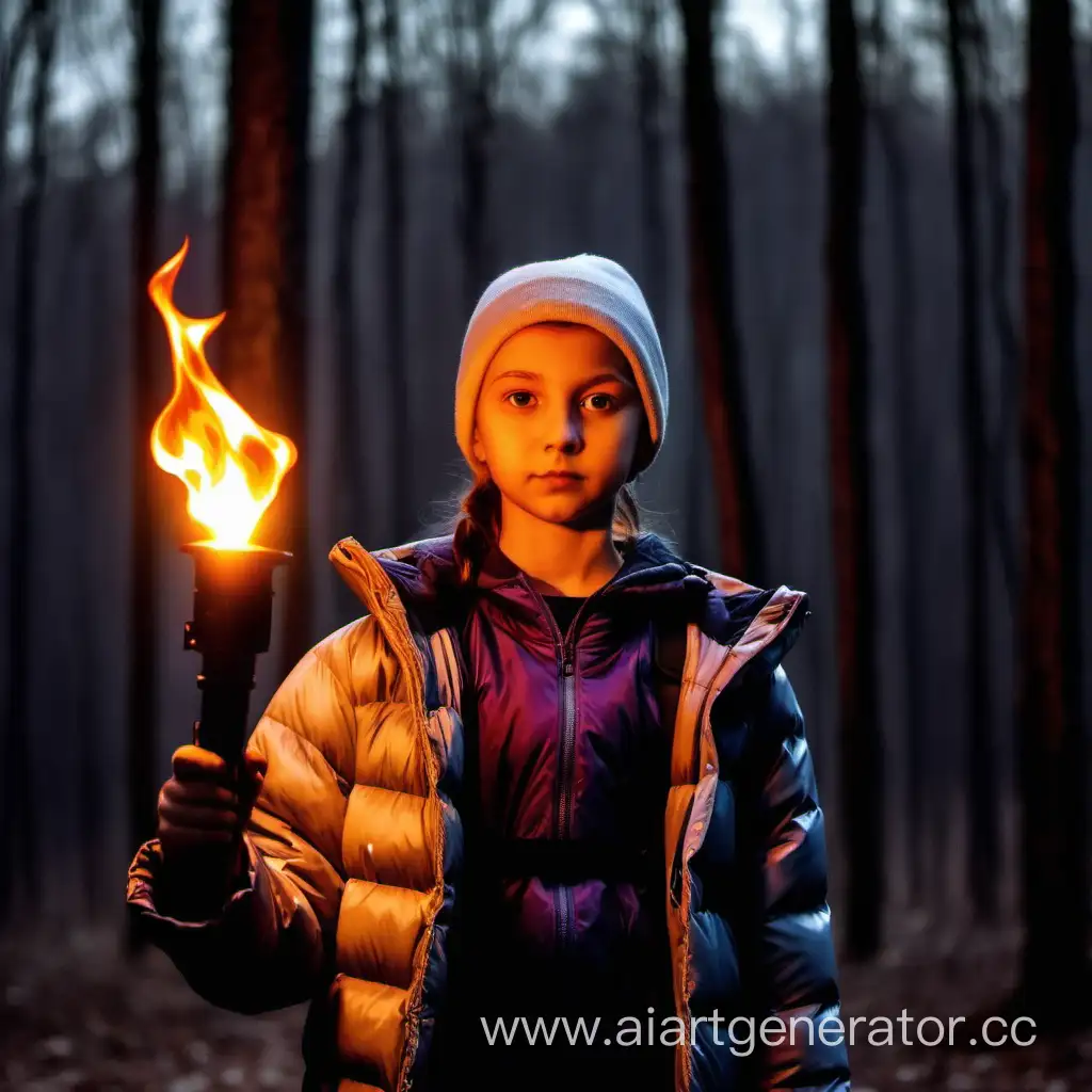 a girl against the background of a forest with a torch in her hand