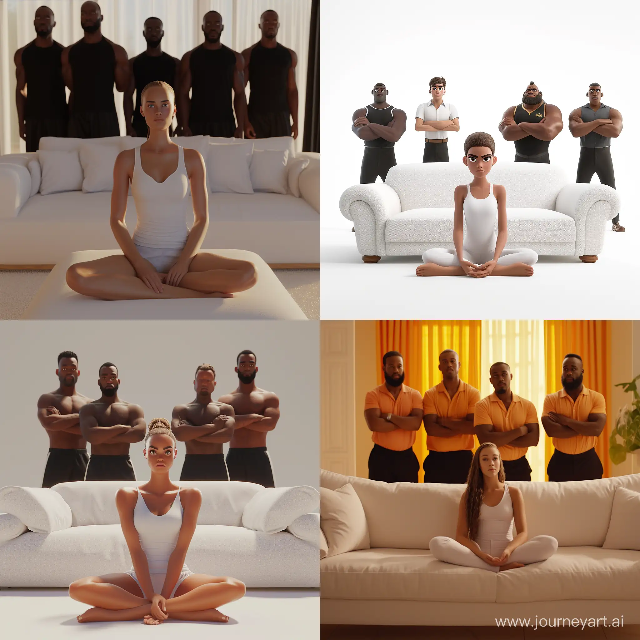 meme white skinny girl is sitting cross-legged on a white sofa, and 5 black men are standing behind the sofa, 4k, pixar