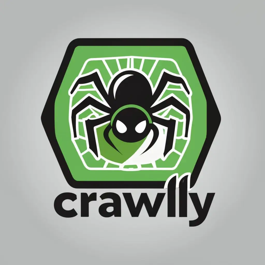 logo, A spider that hatches out of an internet browser. 2D. Very simple. 3 colors: green, black and white., with the text "Crawly", typography, be used in Internet industry
