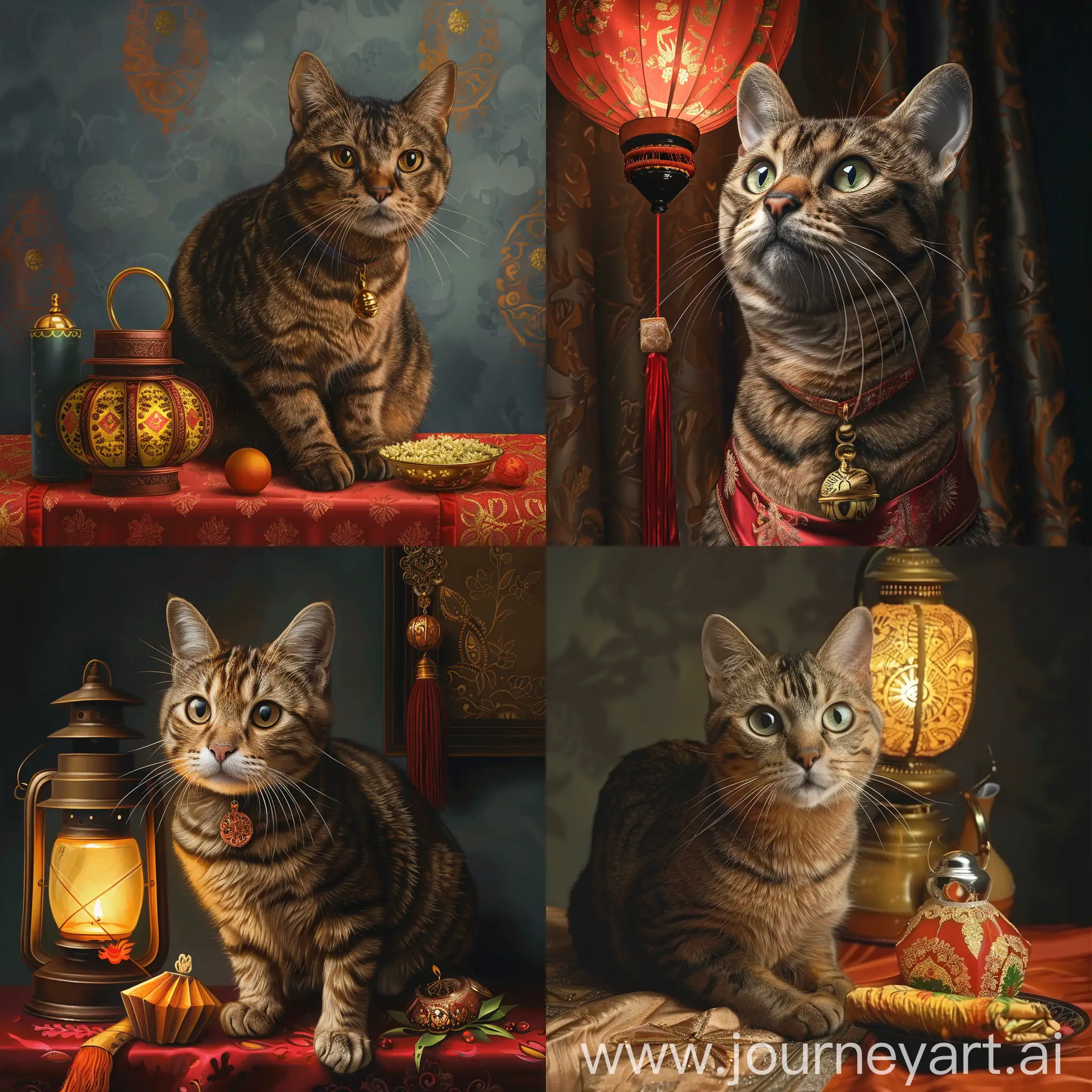 A highly realistic cat with hari raya elements such as ketupat and raya lantern