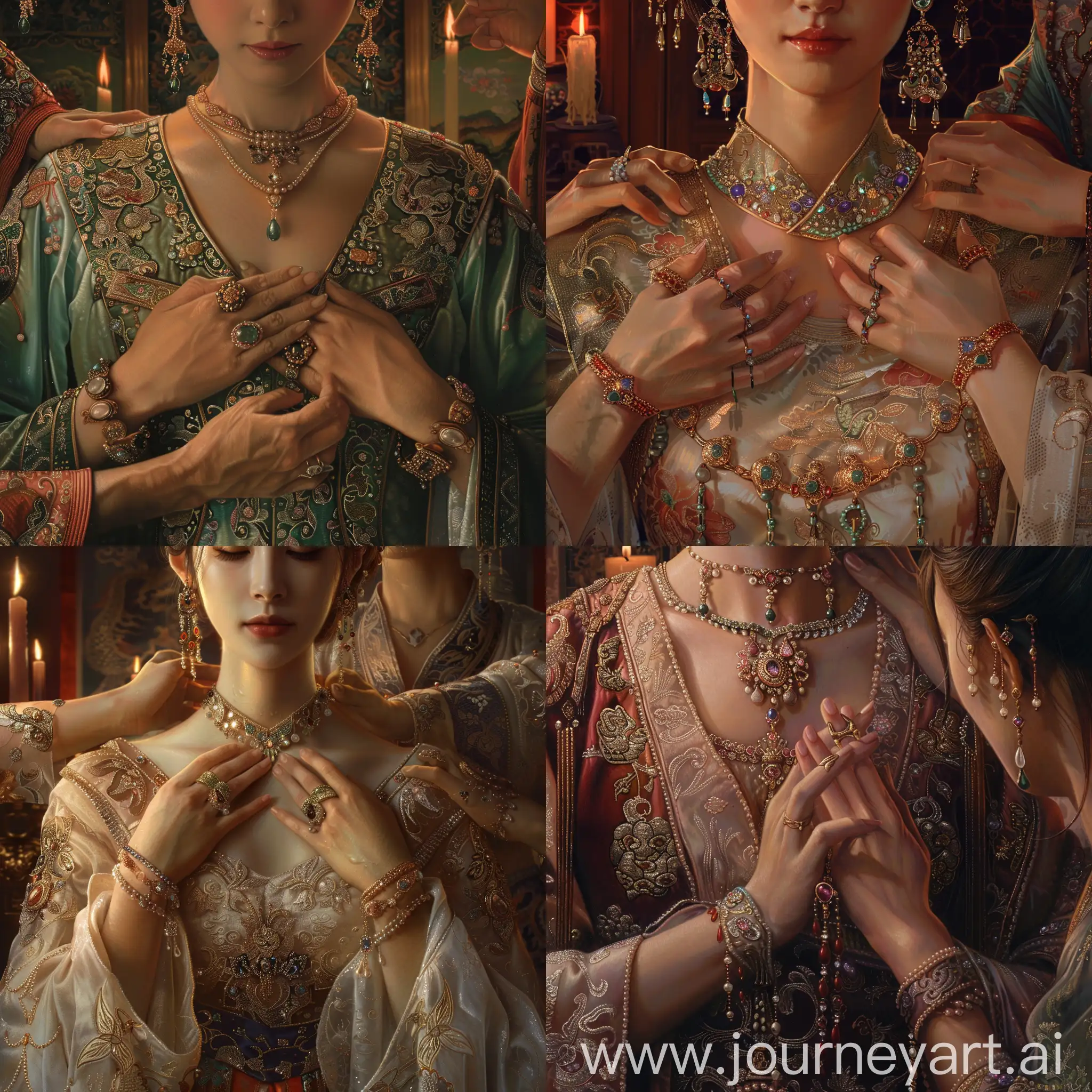 画一副侍女给中国女皇按摩肩膀的图片，突出女皇的手，细腻白皙，佩戴着诸多珠宝，和长长的指甲套。  古代  细节丰富  烛光  全景图  旗袍 高清