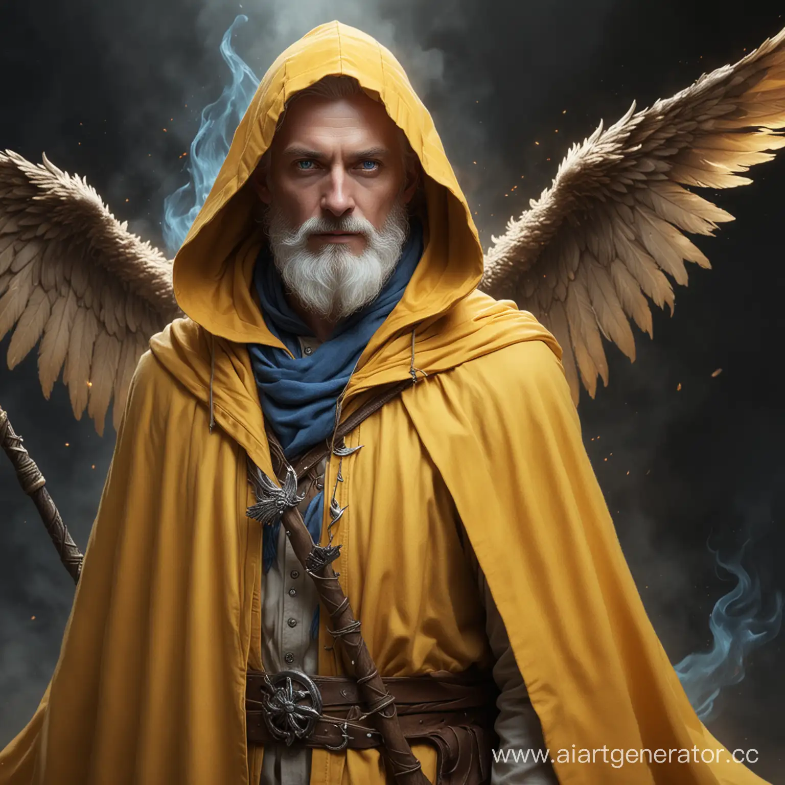 the magician aasimar with a gray beard, blue eyes and pale skin, in a dark yellow hood with a staff of fire and wings sticking out of his back