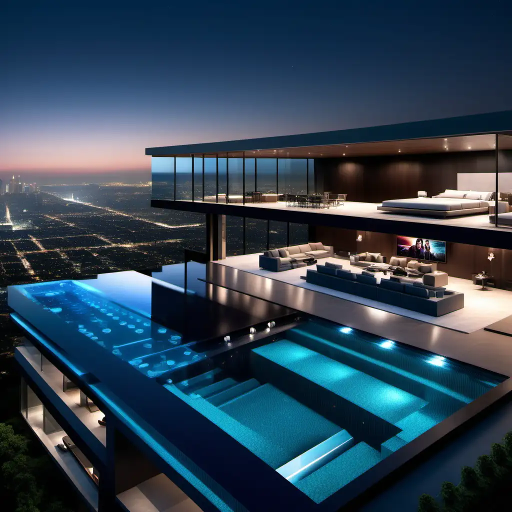 Futuristic Smart Mansion with Automated Features and Cityscape Infinity Pool