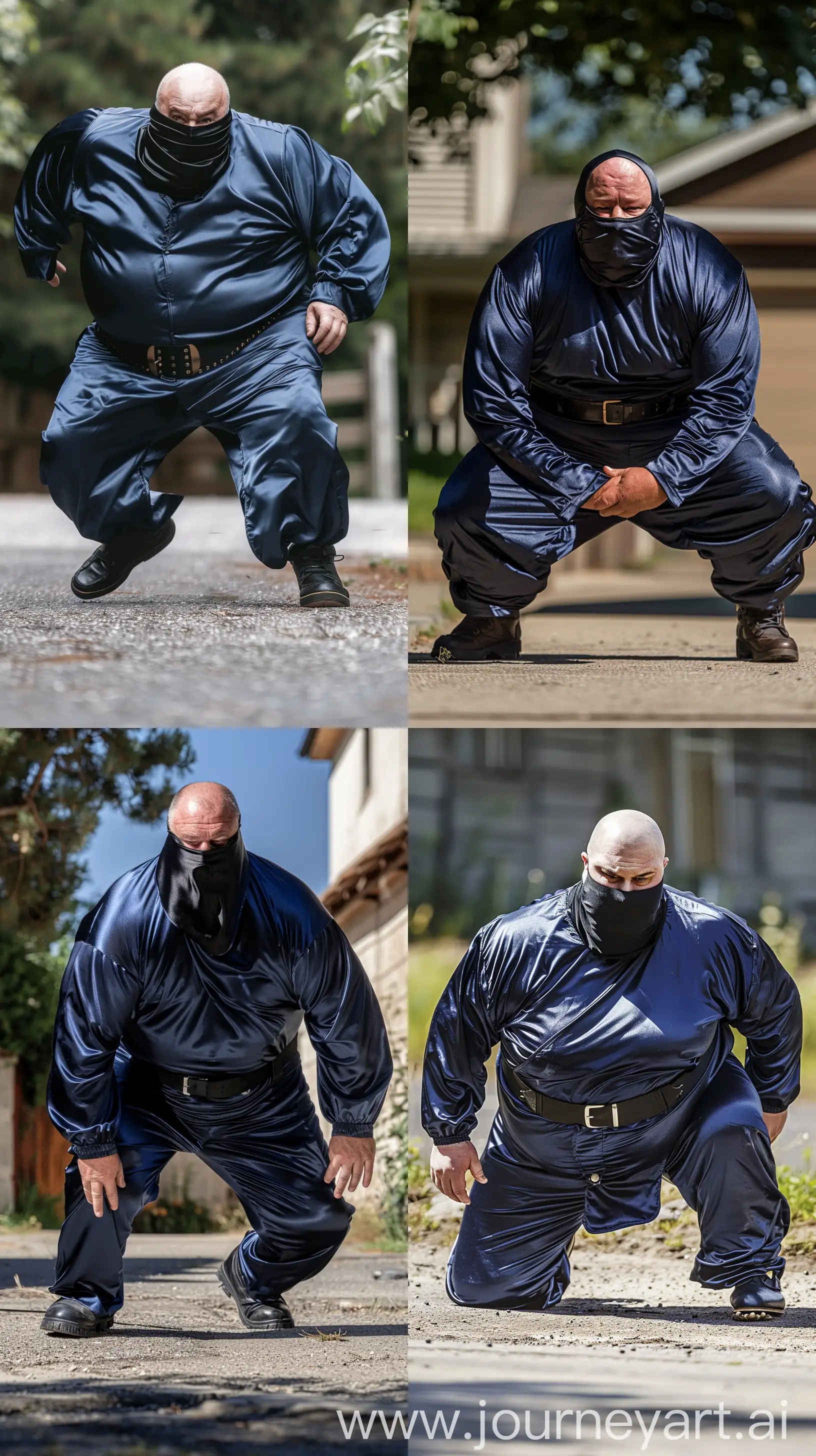 Front close-up photo of a fat man aged 60 wearing silk navy blue very tight battle coverall. Black tactical belt and boots. Full black silk balaclava. Falling on his knees on the ground. Outside. Bald. Clean Shaven. Natural light. --ar 9:16