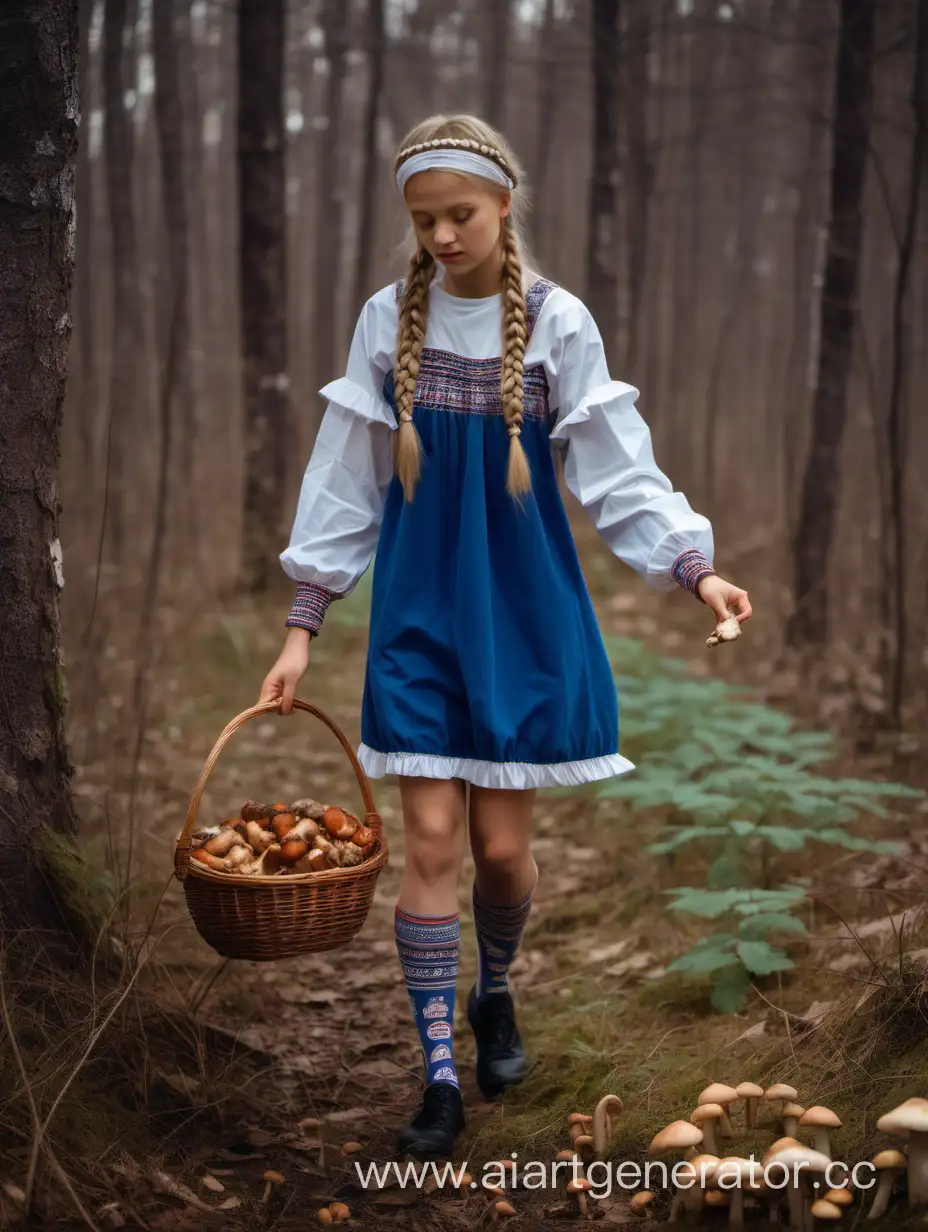 Девушка в спущенных носках и русском национальном мини-платье с длинными рукавами и косичками собирает грибы, полный рост