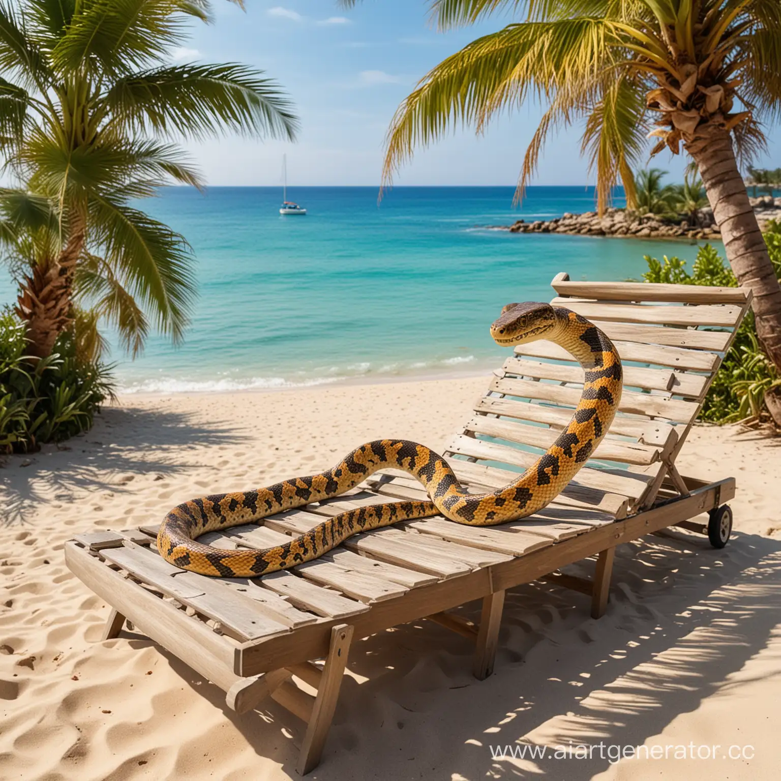 Веселая змея лежит в шезлонге на пляже на фоне моря и пальм
