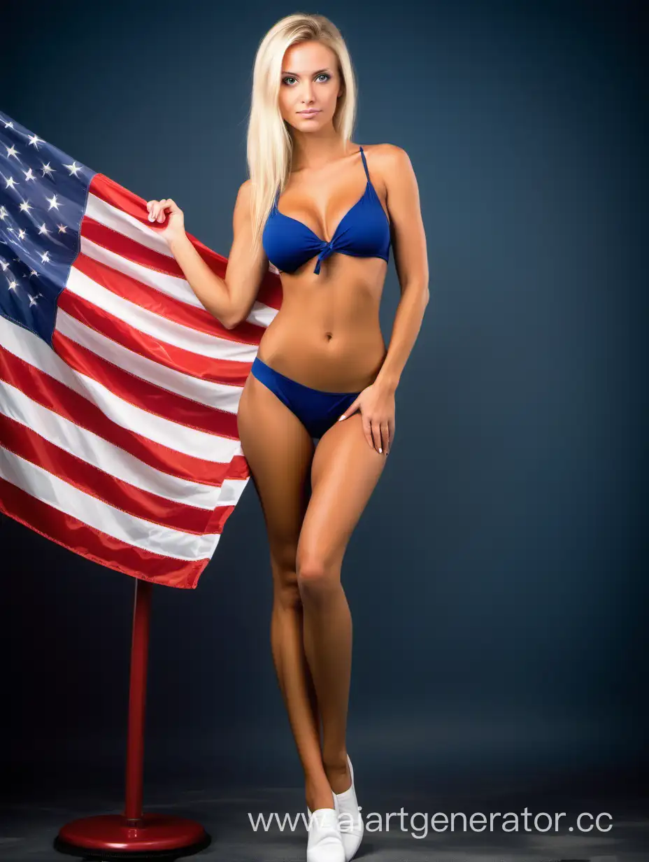 Стройная Загорелая Блондинка-Врач загорелые ноги на фоне флага США