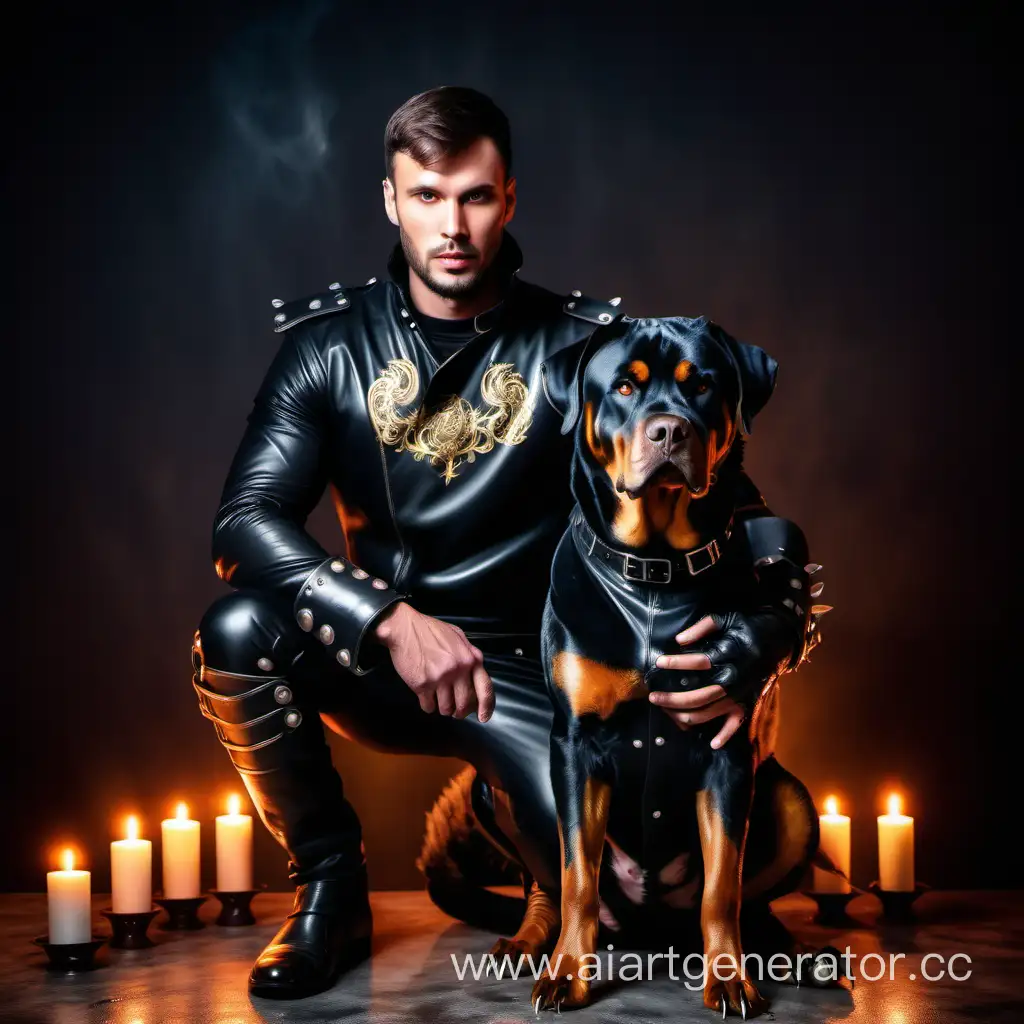Stylish-Man-in-Leather-Dragon-Suit-Poses-with-Rottweiler-in-Russias-Candlelit-Ambiance