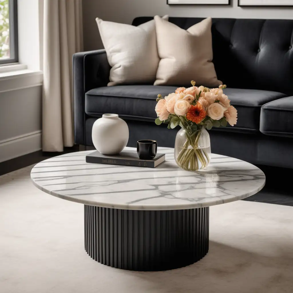 A product photography picture of an black coffee table with rounded dowels fluted base with a marble pattern table top in the  centre of a contemporary living room with a vase of flowers on top of it.