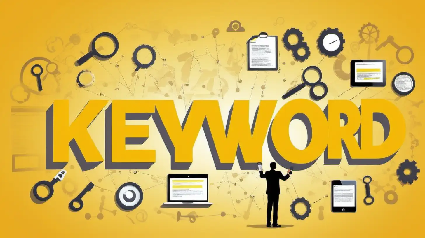 Keyword Integration: A Comprehensive Guide For SEO Success (no text should be written in the pics)

do not use any words or writing, I just need idea through illustrations

the background of theme scenario should be mixed yellow color